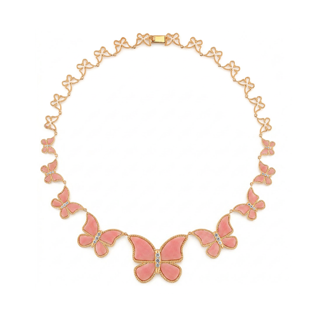 Pink Coral half set circle Butterfly Necklace