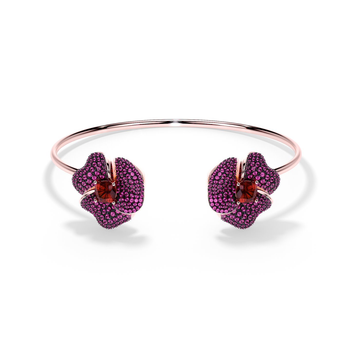 Bloom Medium Flower Dark Pink Sapphires And Red Garnet Cushion Center In Pink Gold bangle