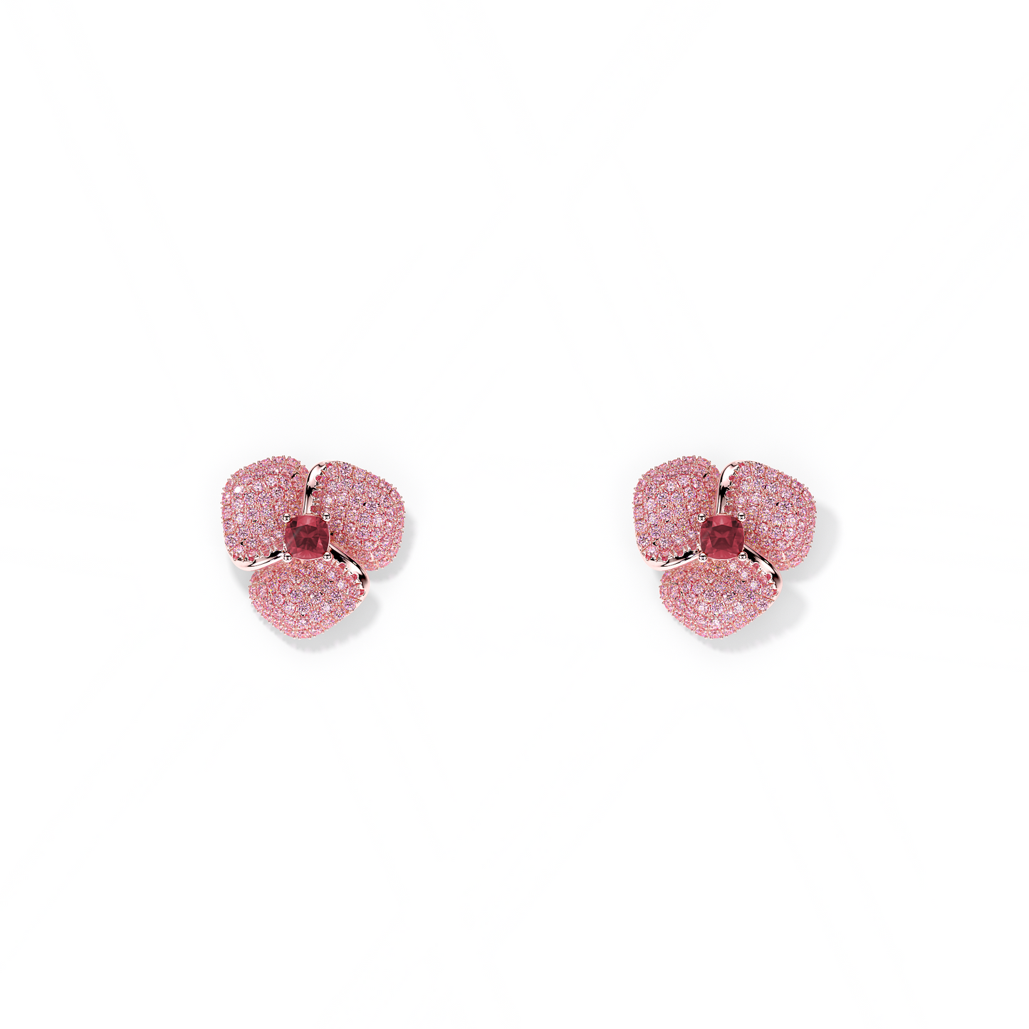 Bloom Small Flower Ligth Pink Sapphires And Rubelite Cushion Center In Pink Gold earrings