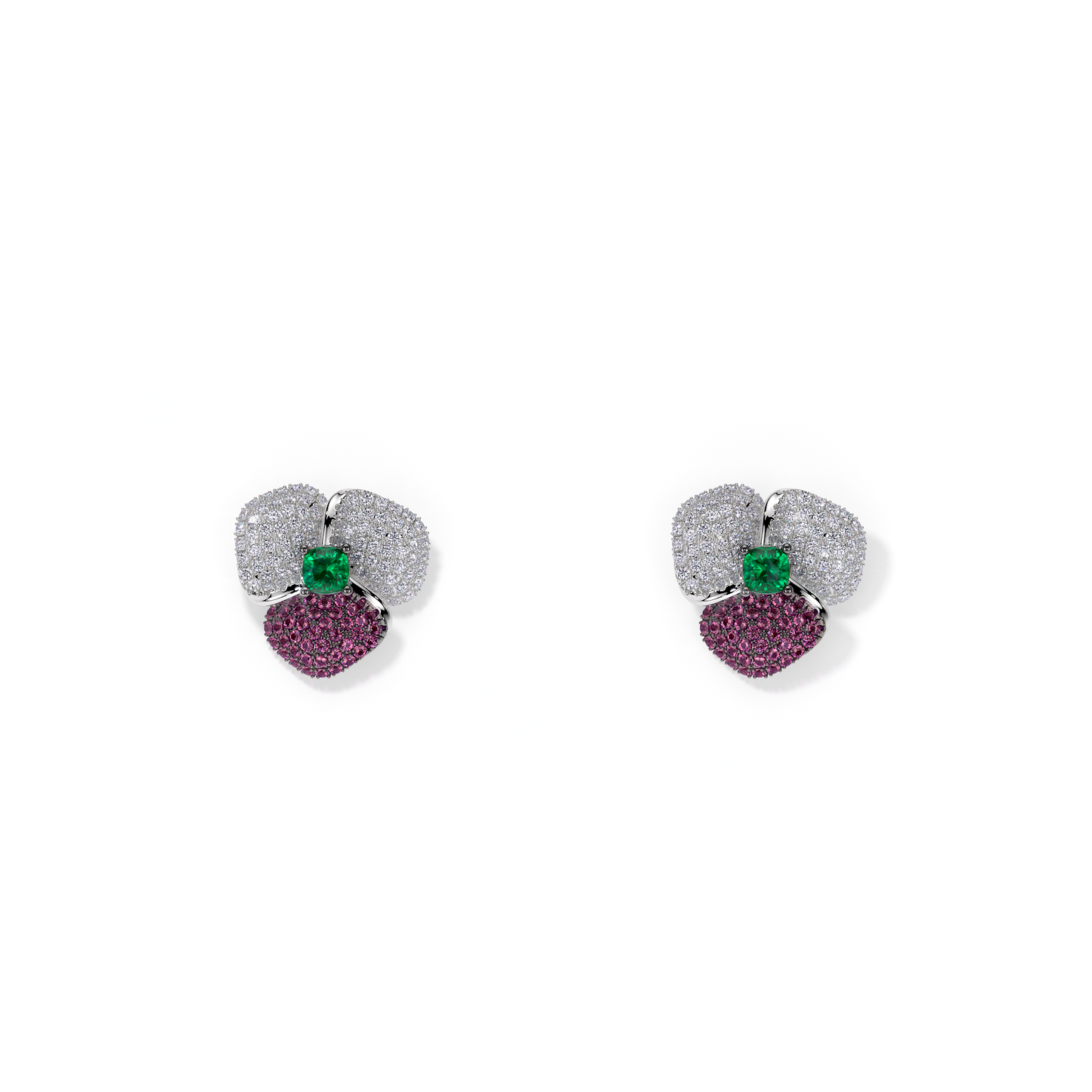 BLOOM Small WHITE GOLD earrings in DARK PINK, WHITE And Green