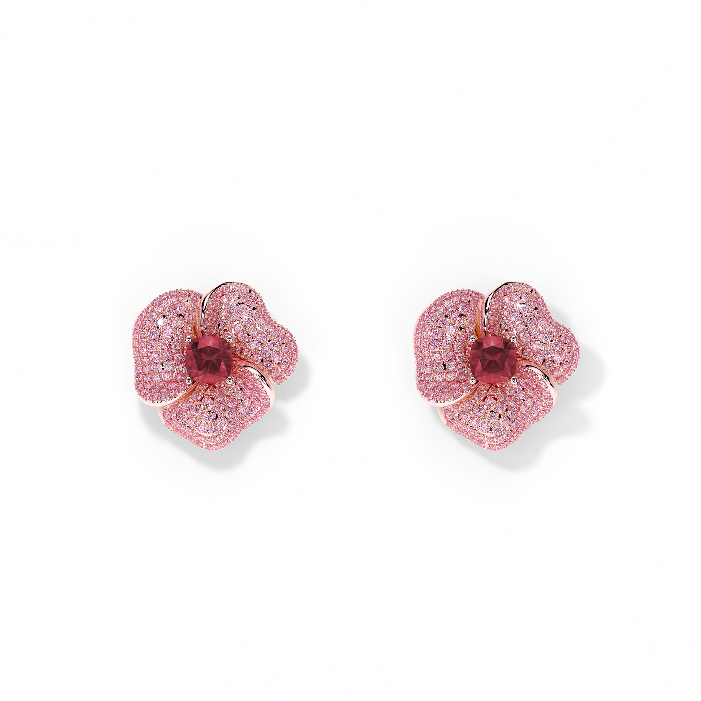 Bloom Medium Flower Ligth Pink Sapphires And Rubelite Cushion Center In Pink Gold earrings