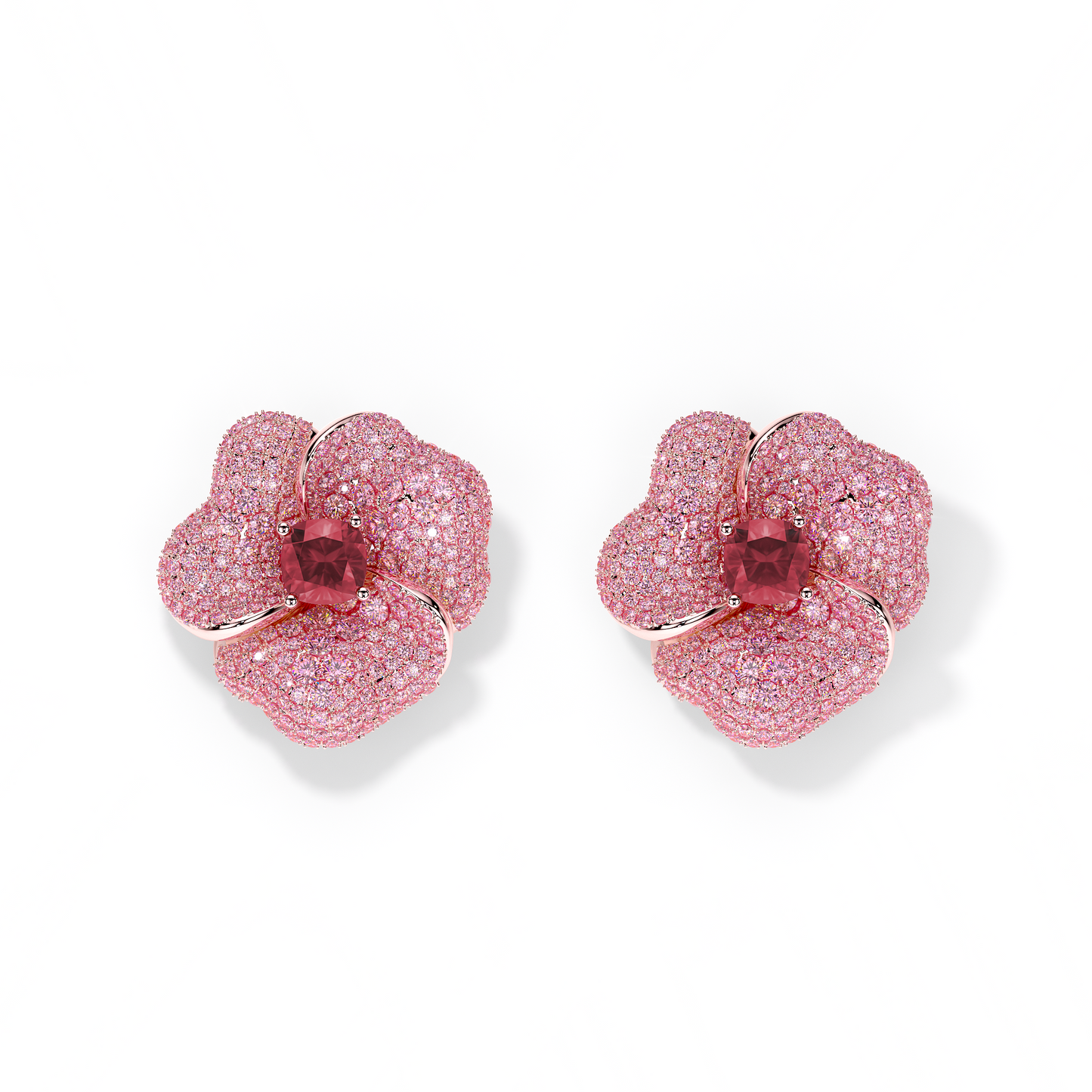 Bloom Large Flower Ligth Pink Sapphires And Rubelite Cushion Center In Pink Gold earrings