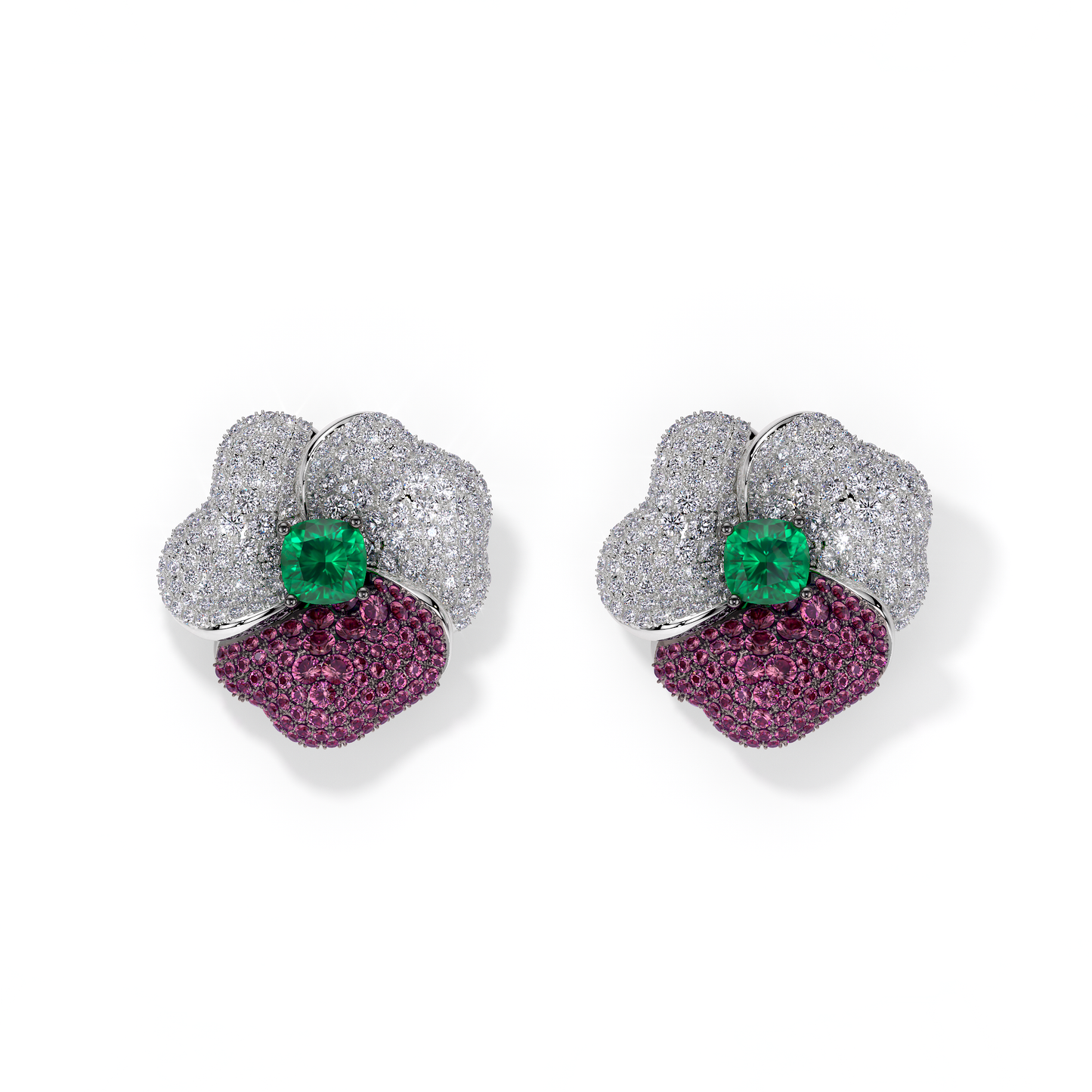 BLOOM Large WHITE GOLD earrings in DARK PINK, WHITE And Green