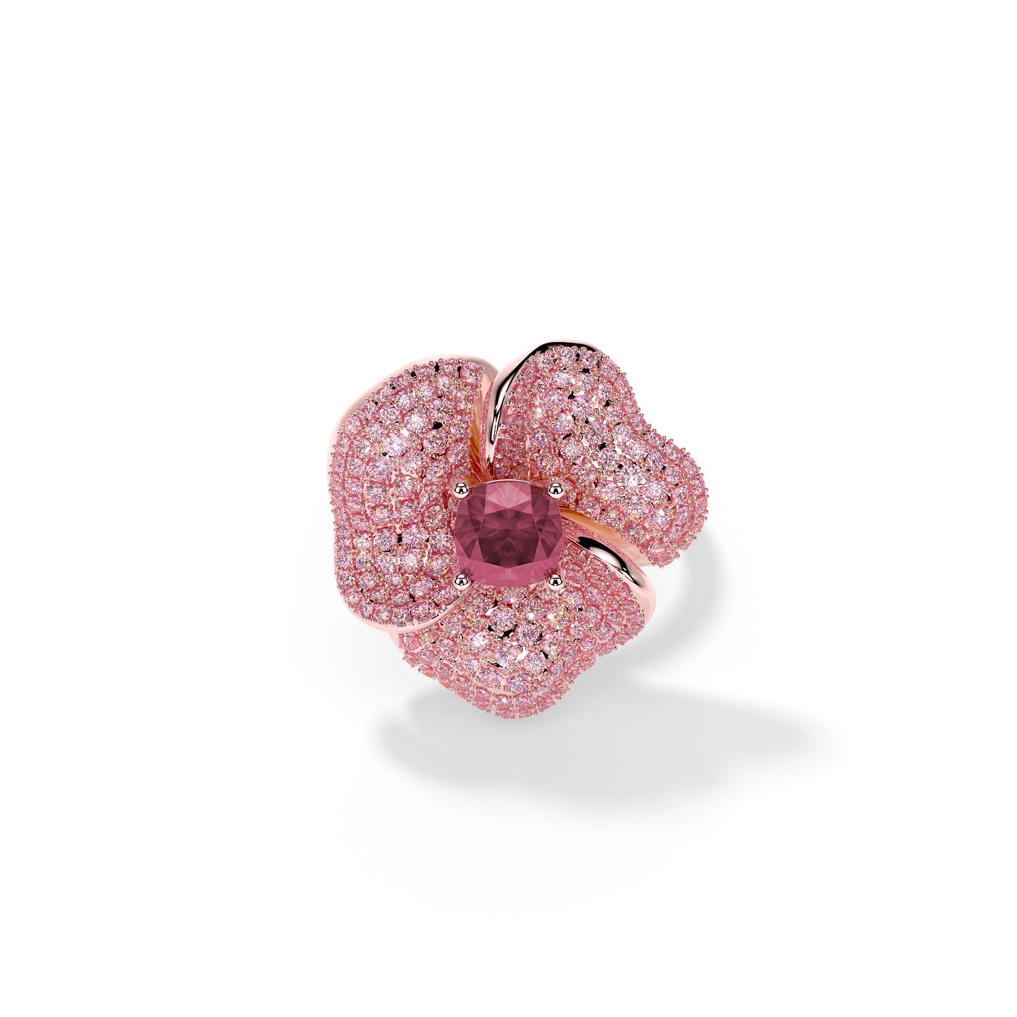 Bloom Medium Flower Ligth Pink Sapphires And Rubelite Cushion Center In Pink Gold ring