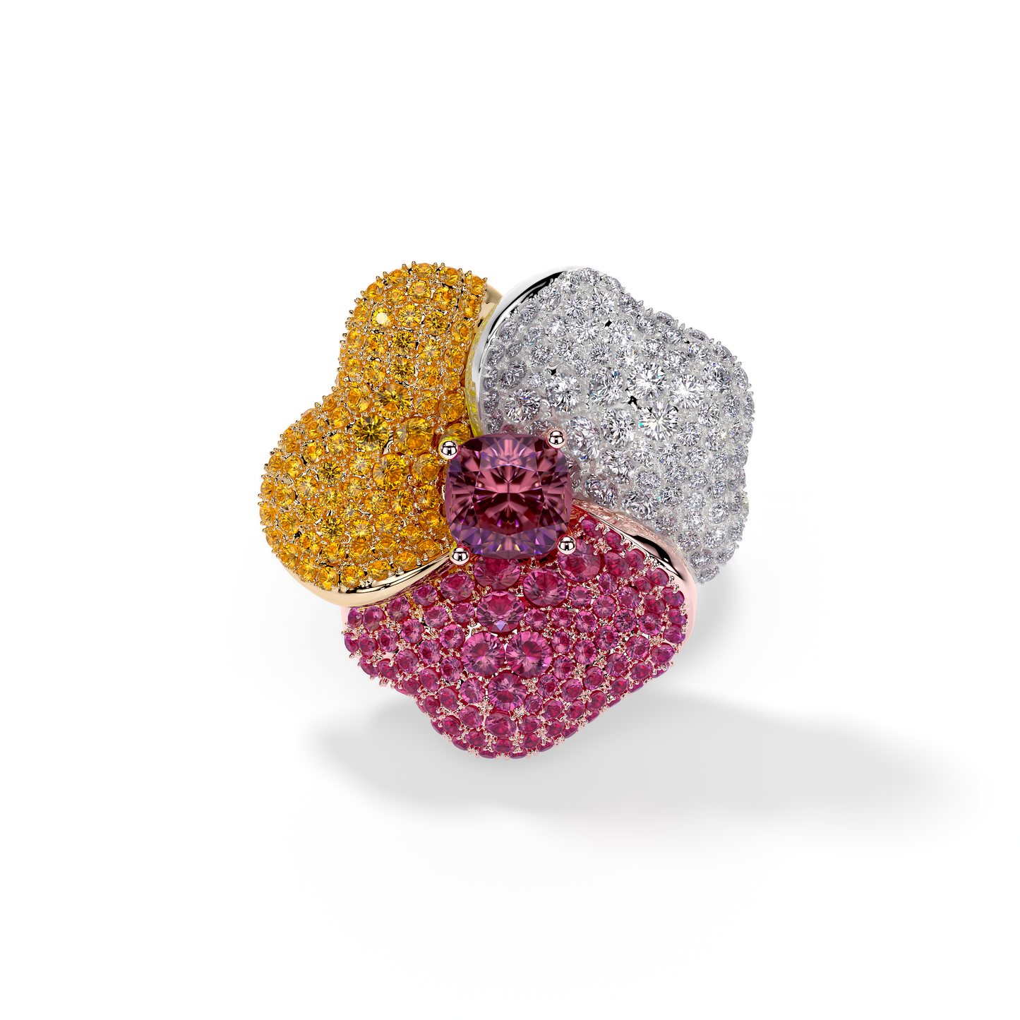 Bloom Large Pink Gold ring in Dark Pink , Orange Sapphire and White