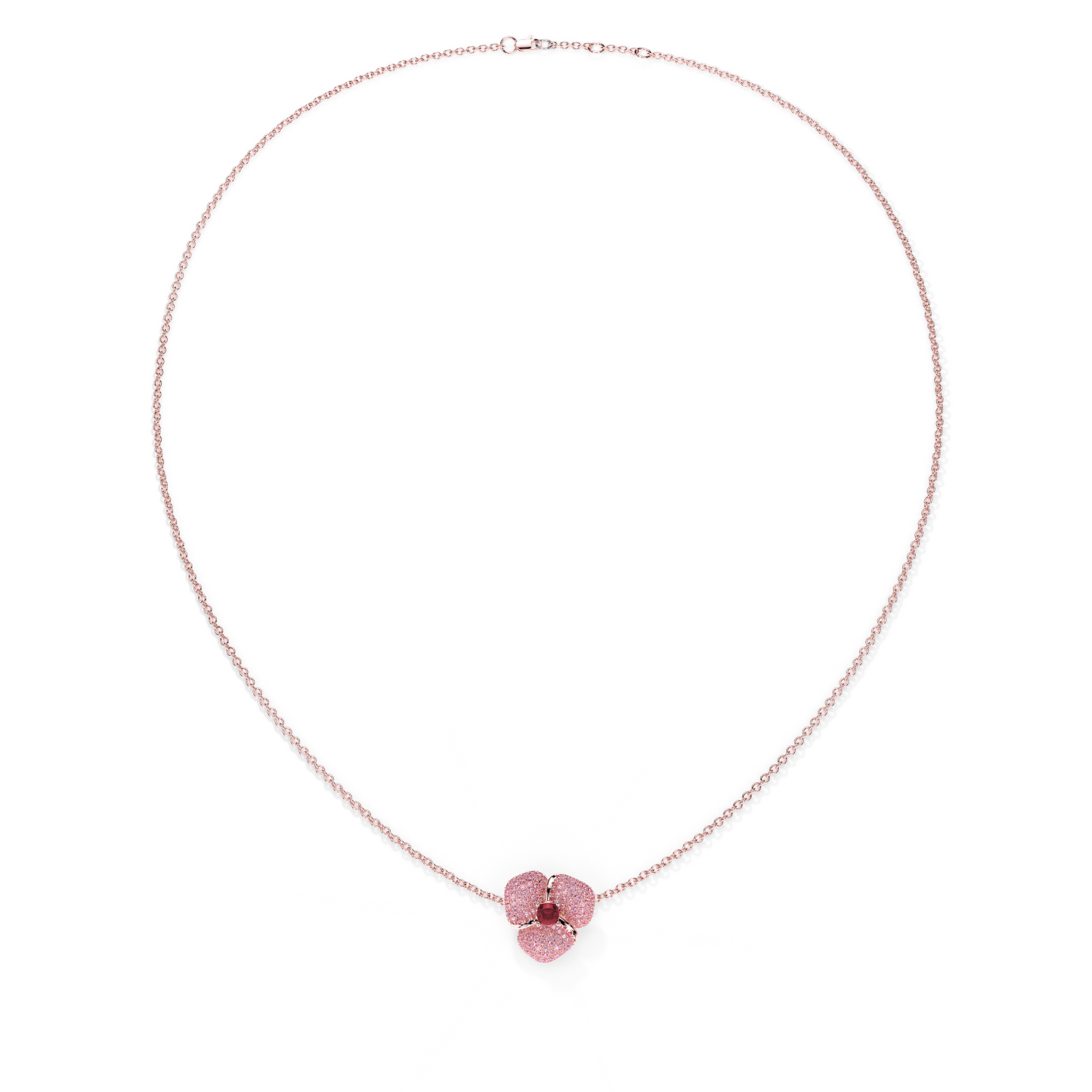 Bloom Small Flower Ligth Pink Sapphires And Rubelite Cushion Center In Pink Gold necklace