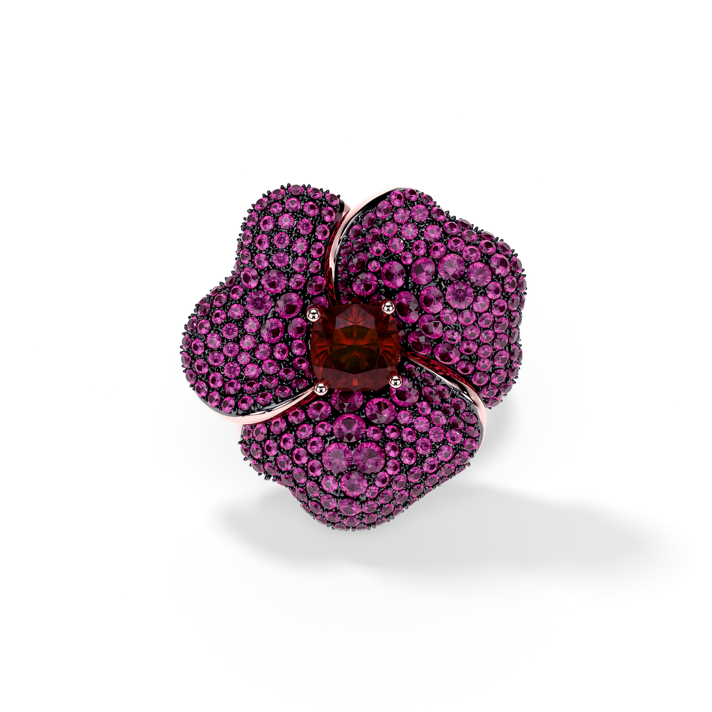 Bloom Large Flower Dark Pink Sapphires And Red Garnet Cushion Center In Pink Gold ring
