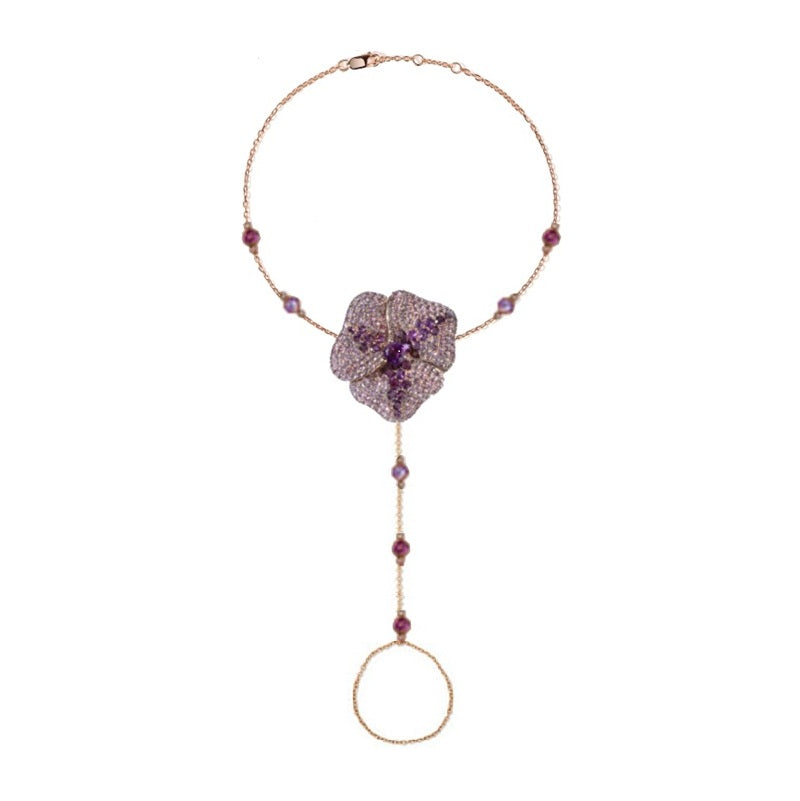 Bloom Large Flower Hand Bracelet in Amethyst Center Dark Amethyst in 18K Pink Gold (Light Amethyst and Dark Amethyst on The Chain)