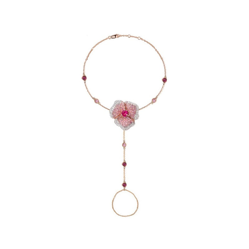 Bloom Medium Flower Hand Bracelet in White Diamonds and Light Pink Sapphire Center Rhodolite Garnet in 18K Pink Gold (Pink Sapphire and Rhodolite Garnett on The Chain)