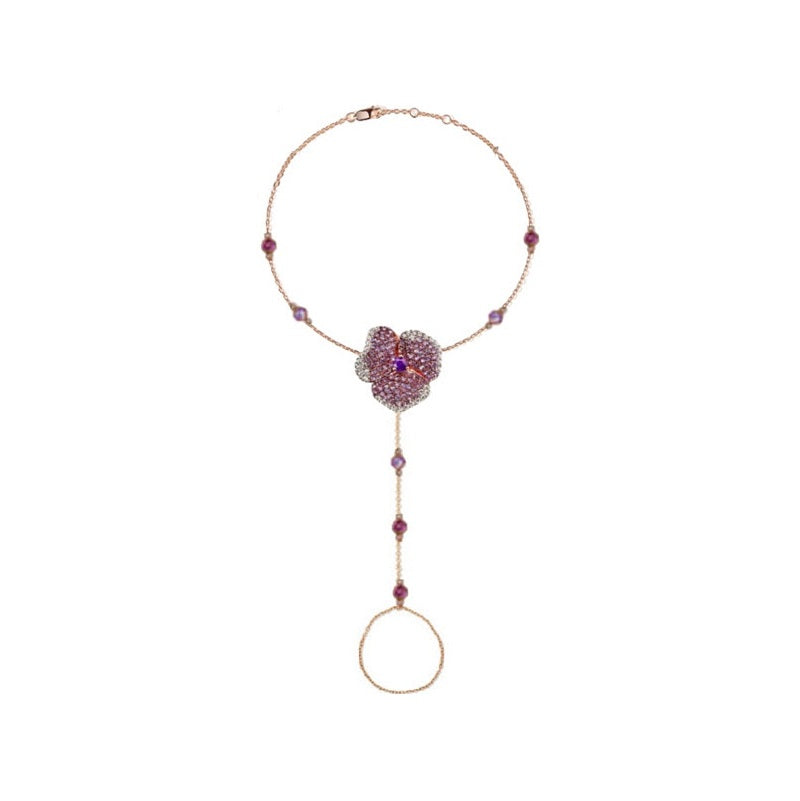 Bloom Small Flower Hand Bracelet in White Diamonds and Amethyst Center Dark Amethyst in 18K Pink Gold (Light Amethyst and Dark Amethyst on The Chain)