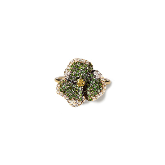 Bloom Small Flower Green Diamonds and Yellow Sapphire Ring in Yellow Gold