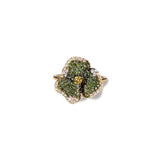 Bloom Small Flower Green Diamonds and Yellow Sapphire Ring in Yellow Gold