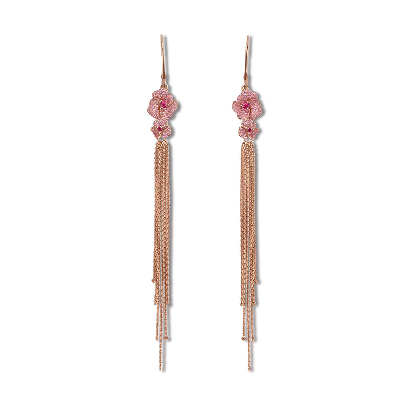 Bloom Mini Flower Light Pink Sapphire Tassel Earrings in Rose Gold