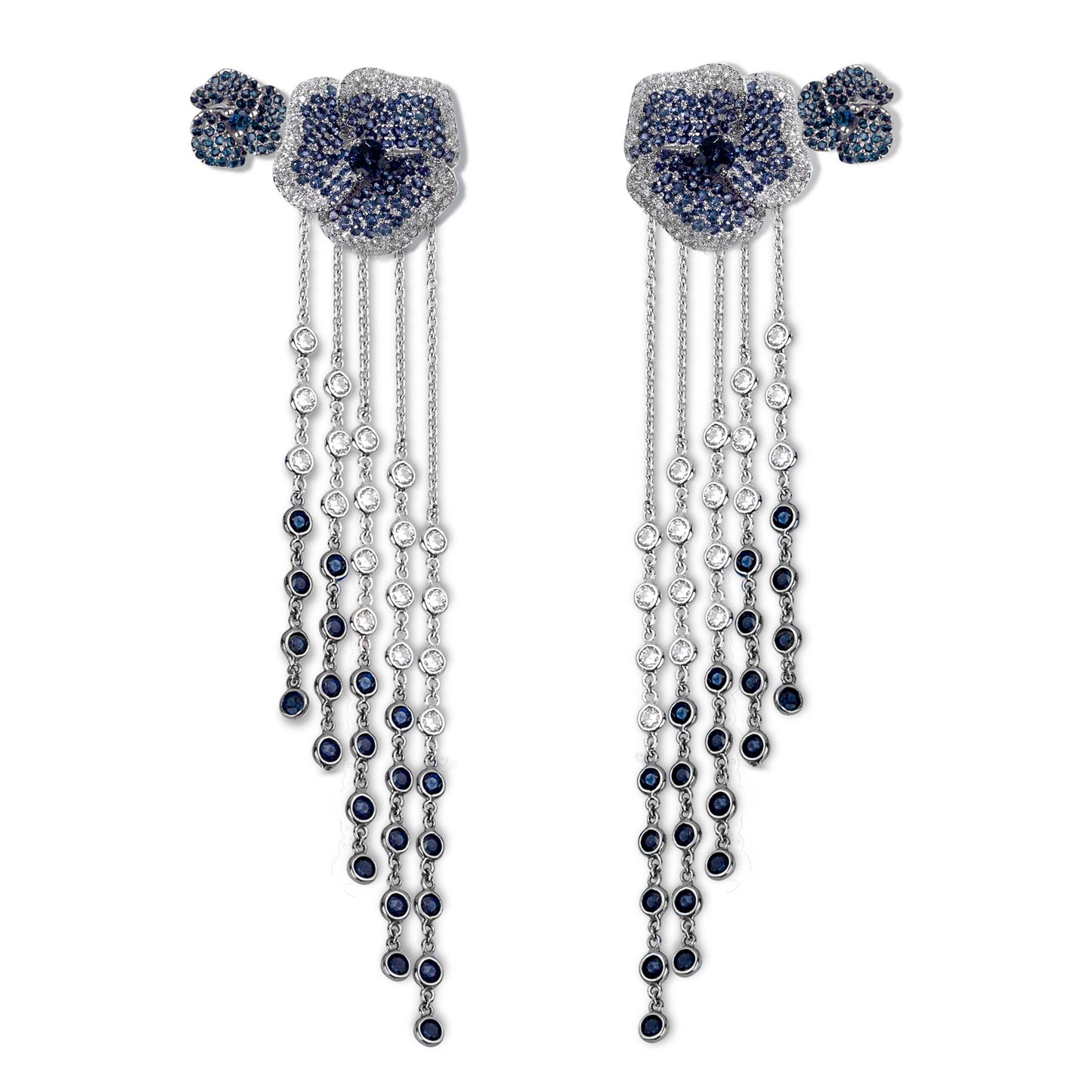 Bloom Medium Flower Blue Sapphire Long Earrings in White Gold