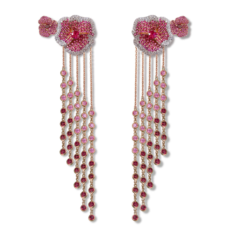 Bloom Medium Twins Flower Pink Sapphire Long Earrings in Rose Gold