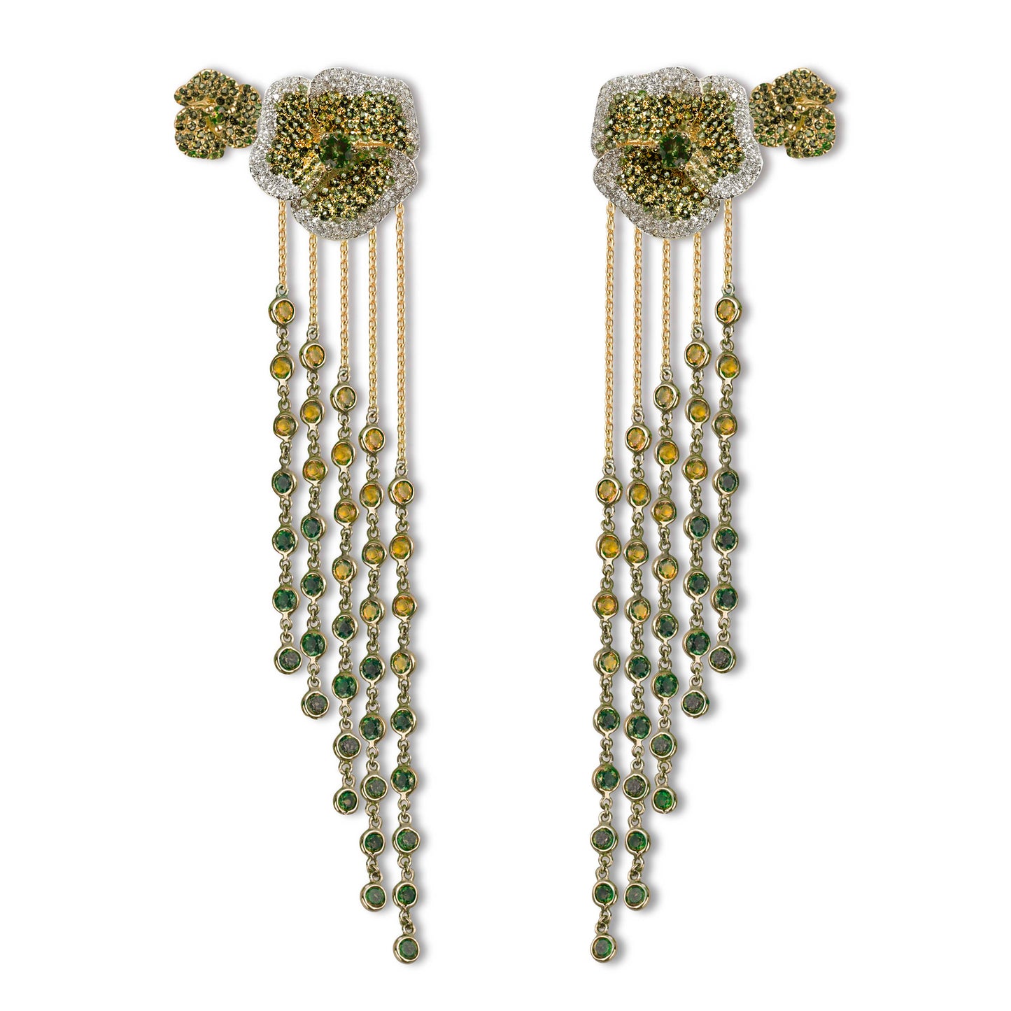 Bloom Medium Twins Green Diamond and Tourmaline Drop Earrings in Yellow Gold