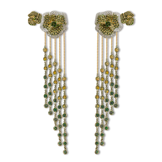 Bloom Medium Twins Green Diamond and Tourmaline  Drop Earrings in Yellow Gold