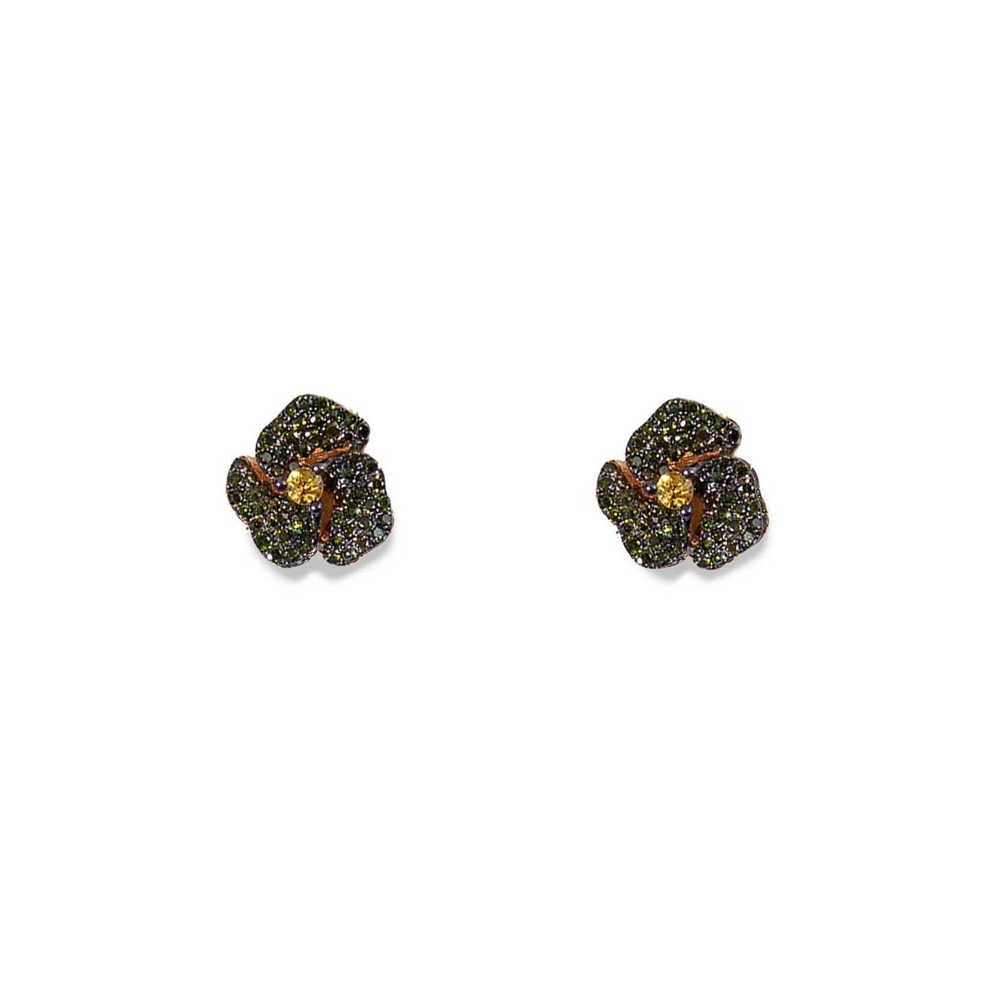 Bloom Mini Flower Green Diamonds and Yellow Sapphire Earrings in Yellow Gold
