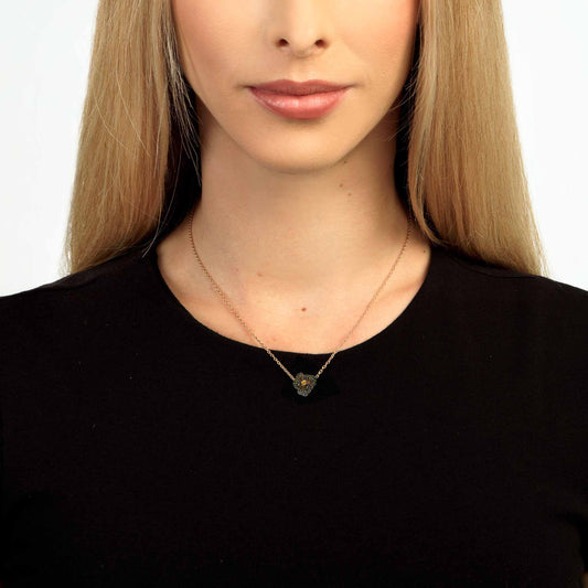 Bloom Mini Flower Green Diamonds and Yellow Sapphire Necklace in Yellow Gold