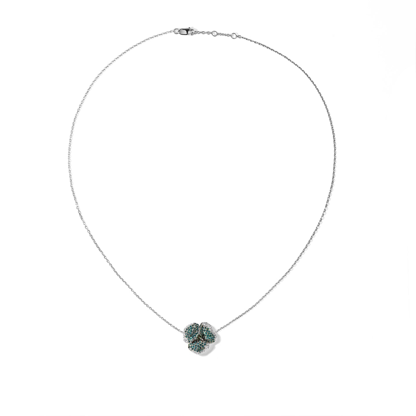 Bloom Small Flower Blue and White Diamonds Necklace in White Gold