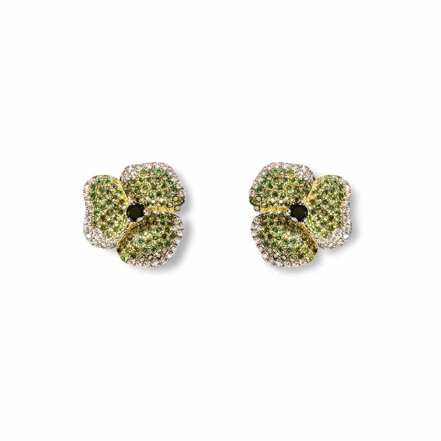 Bloom Small Flower Green Diamonds Earrings in Yellow Gold