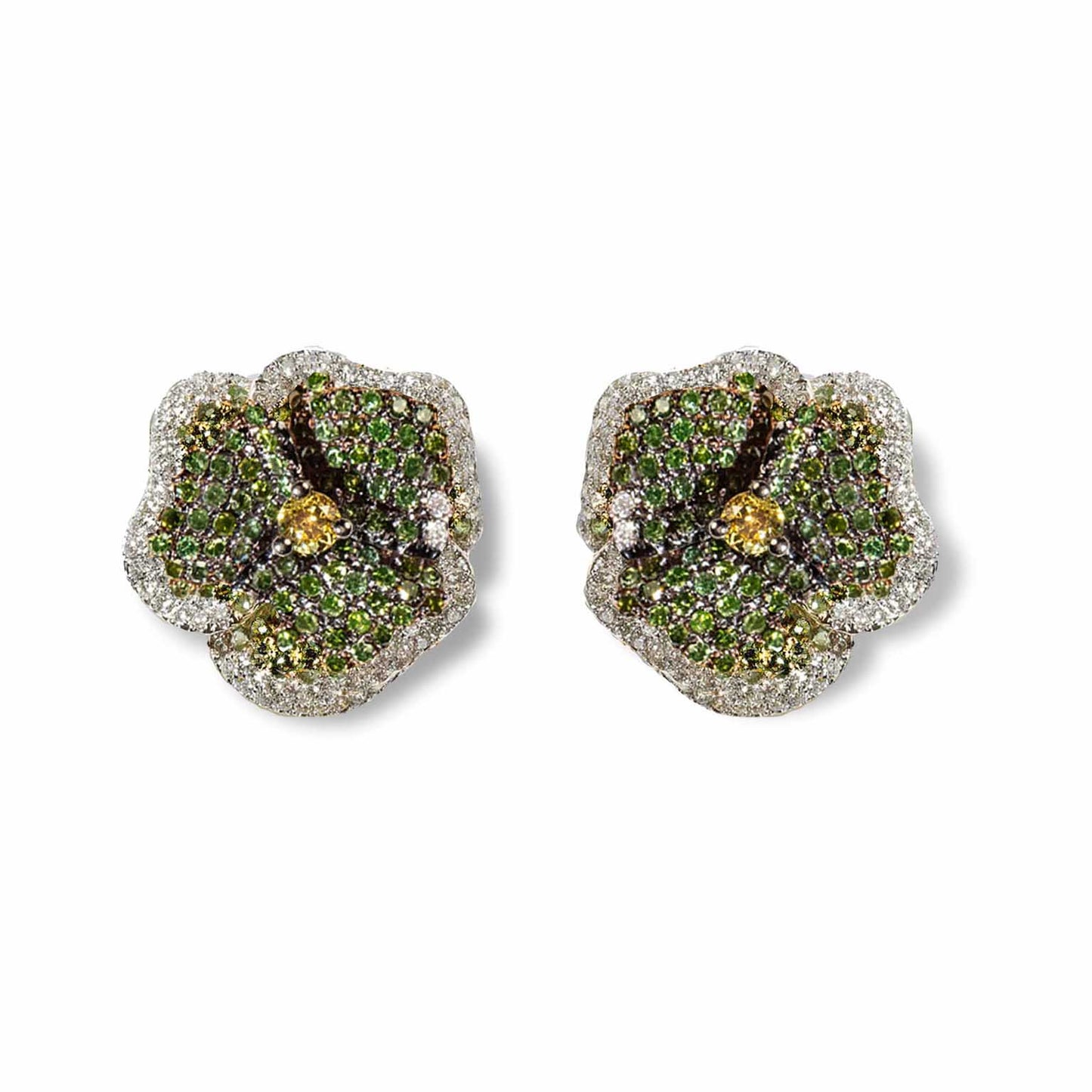 Bloom Medium Flower Green Diamonds and Yellow Sapphire Earrings in Yellow Gold
