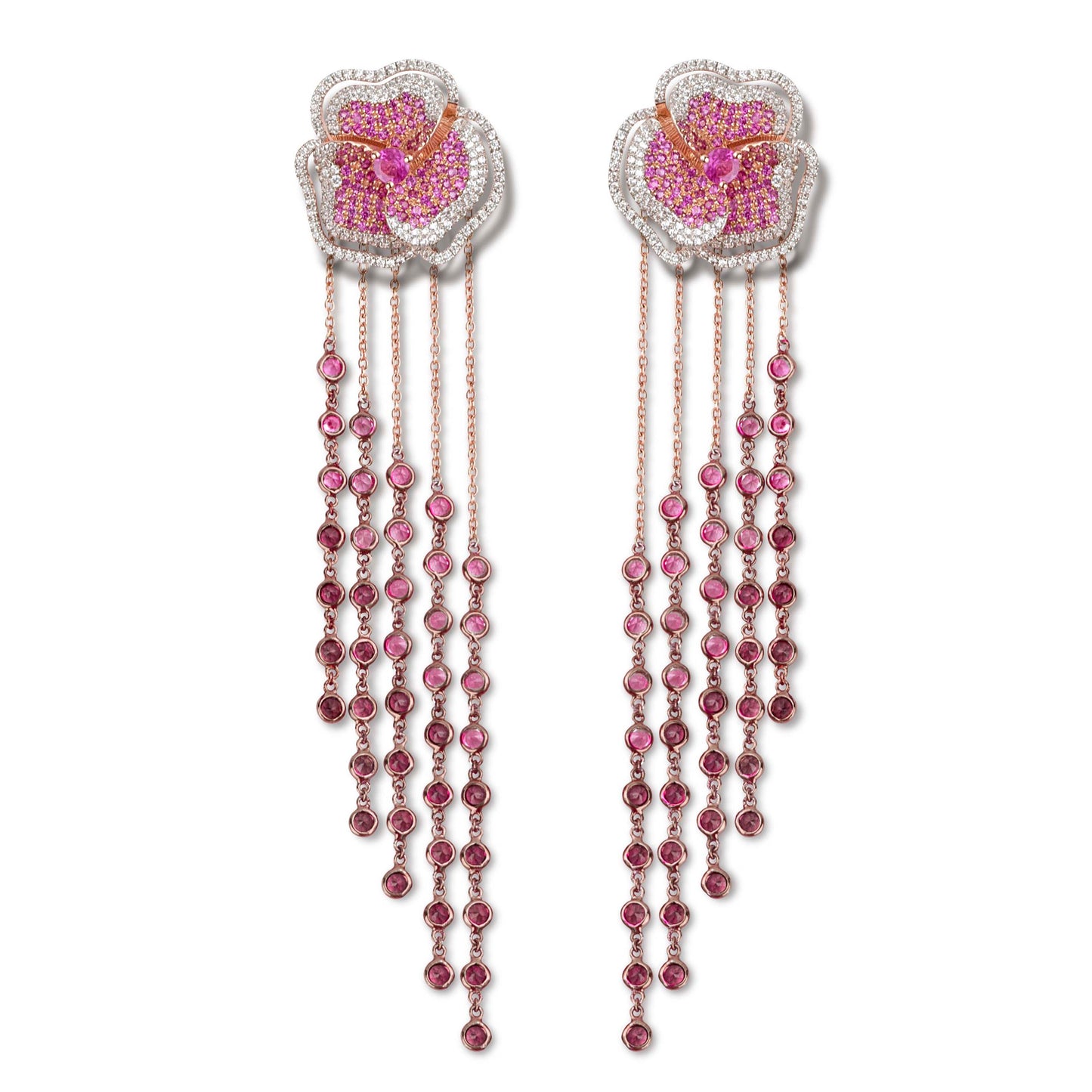 Bloom Medium Flower Halo Pink Sapphire Long Earrings in Rose Gold