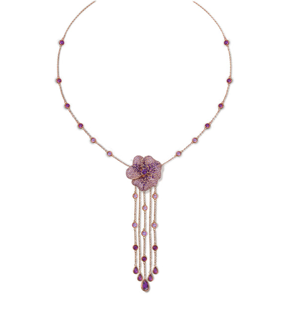 Bloom Large Flower Amethyst Long Dropping Necklace in Rose Gold