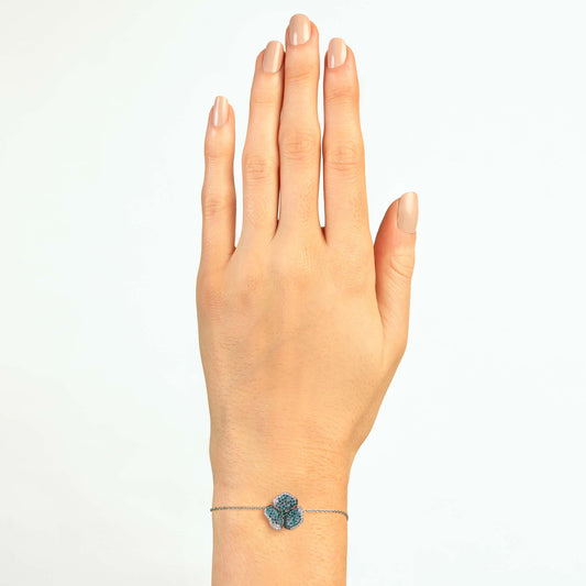 Bloom Small Flower White and Blue Diamond Bracelet in White Gold