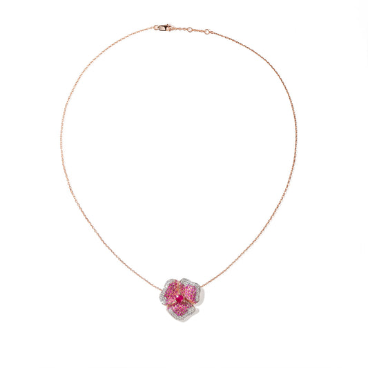 Bloom Medium Flower Dark Pink Sapphire Necklace in Rose Gold