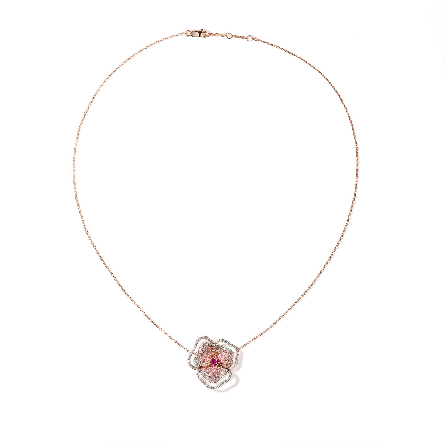 Bloom Small Flower Halo Light Pink Sapphire Necklace in Rose Gold