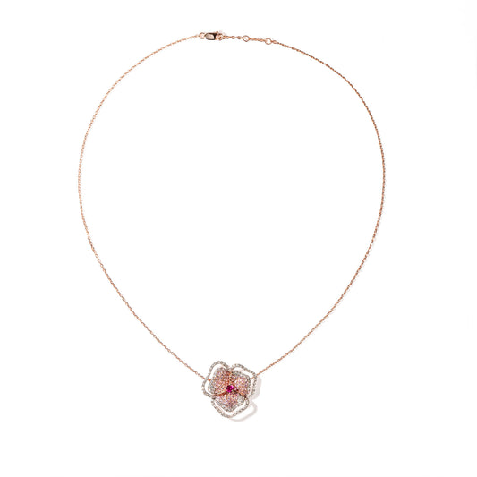 Bloom Small Flower Halo Light Pink Sapphire Necklace in Rose Gold
