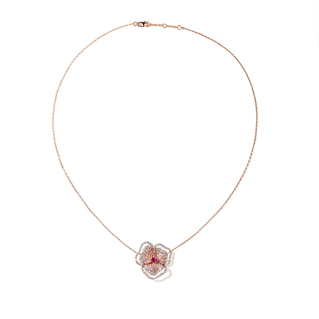 AS29 Bloom Small Flower Dark Pink Sapphire Necklace in Rose Gold