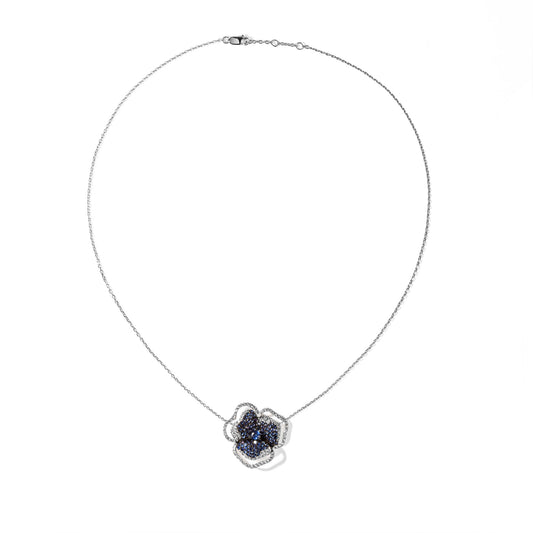 Bloom Small Flower Halo Blue Sapphire Necklace in White Gold