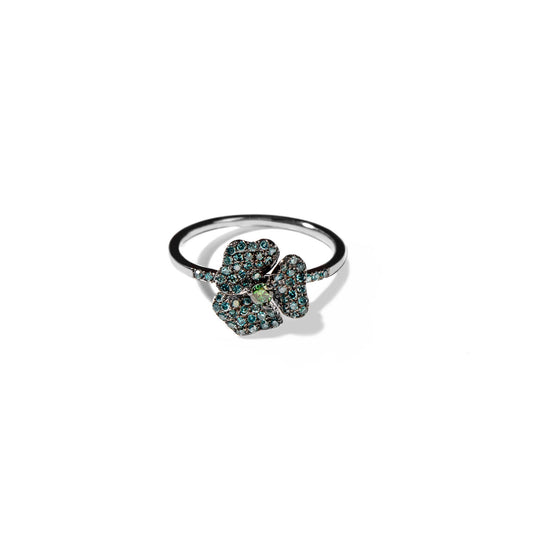 Bloom Mini Flower Blue Diamond Ring in Black Gold