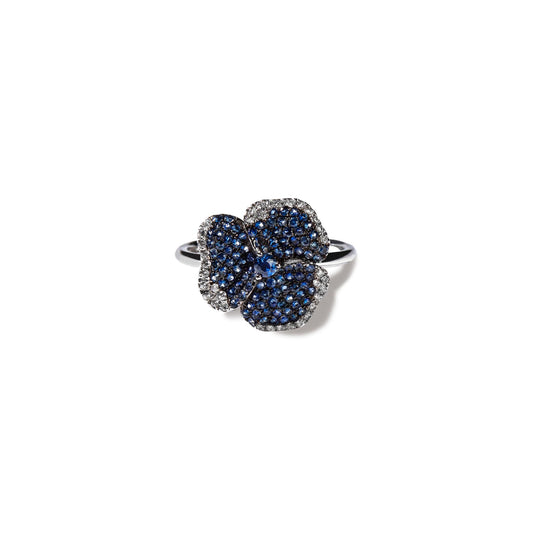 Bloom Small Flower Blue Sapphire Ring in White Gold