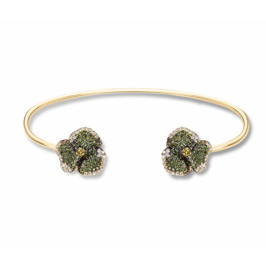 Bloom Small Flower Green Diamond Yellow Sapphire Bangle in Yellow Gold
