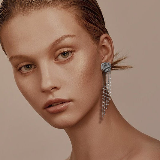 Bloom Small Halo White Diamonds Long Earrings