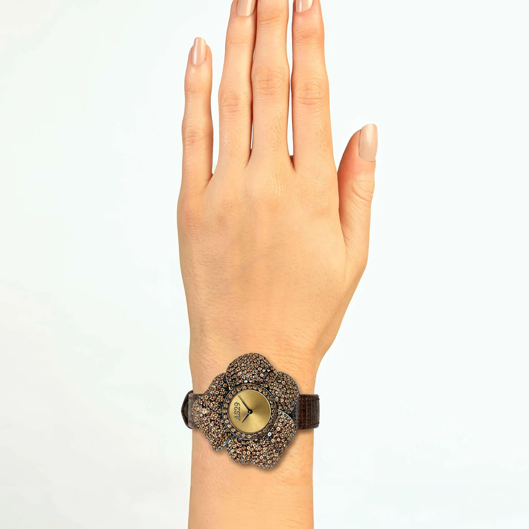 BLOOM Brown WATCH,  Black  GOLD with  BRUSHED GOld DIAL