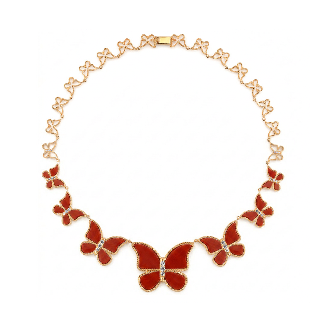Red Coral half set circle Butterfly Necklace