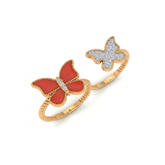 Butterfly Double Finger Ring Red Coral