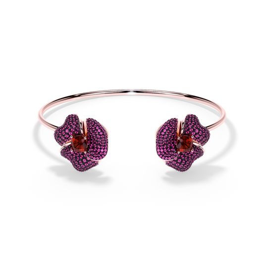 Bloom Medium Flower Dark Pink Sapphires And Red Garnet Cushion Center In Pink Gold bangle