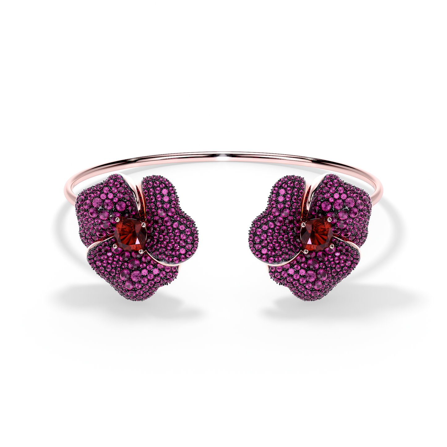 Bloom Large Flower Dark Pink Sapphires And Red Garnet Cushion Center In Pink Gold bangle