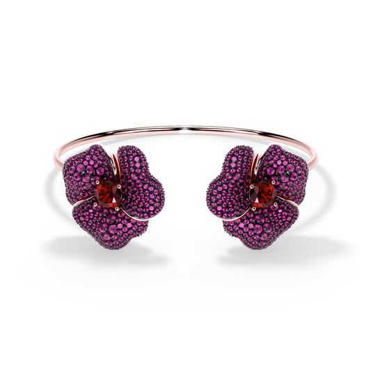 Bloom Large Flower Dark Pink Sapphires And Red Garnet Cushion Center In Pink Gold bangle