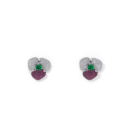 BLOOM Small WHITE GOLD earrings  in  DARK PINK, WHITE And Green