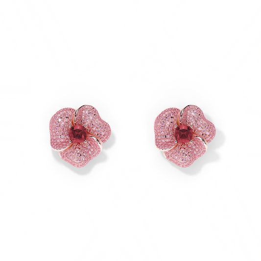 Bloom Medium Flower Ligth Pink Sapphires And Rubelite Cushion Center In Pink Gold earrings