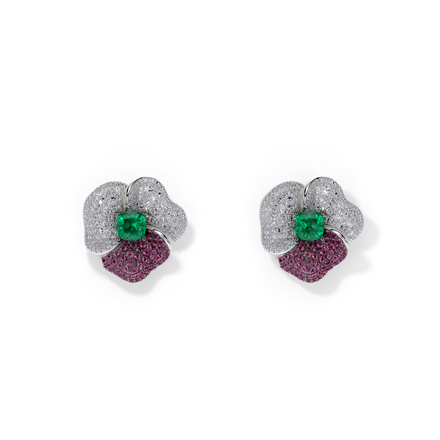 BLOOM Medium WHITE GOLD earrings  in DARK PINK, WHITE And Green