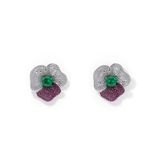 BLOOM Medium WHITE GOLD earrings  in DARK PINK, WHITE And Green