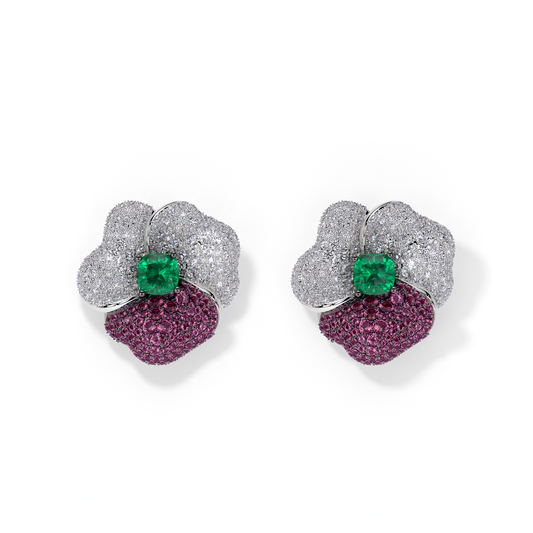 BLOOM Large WHITE GOLD earrings  in DARK PINK, WHITE And Green
