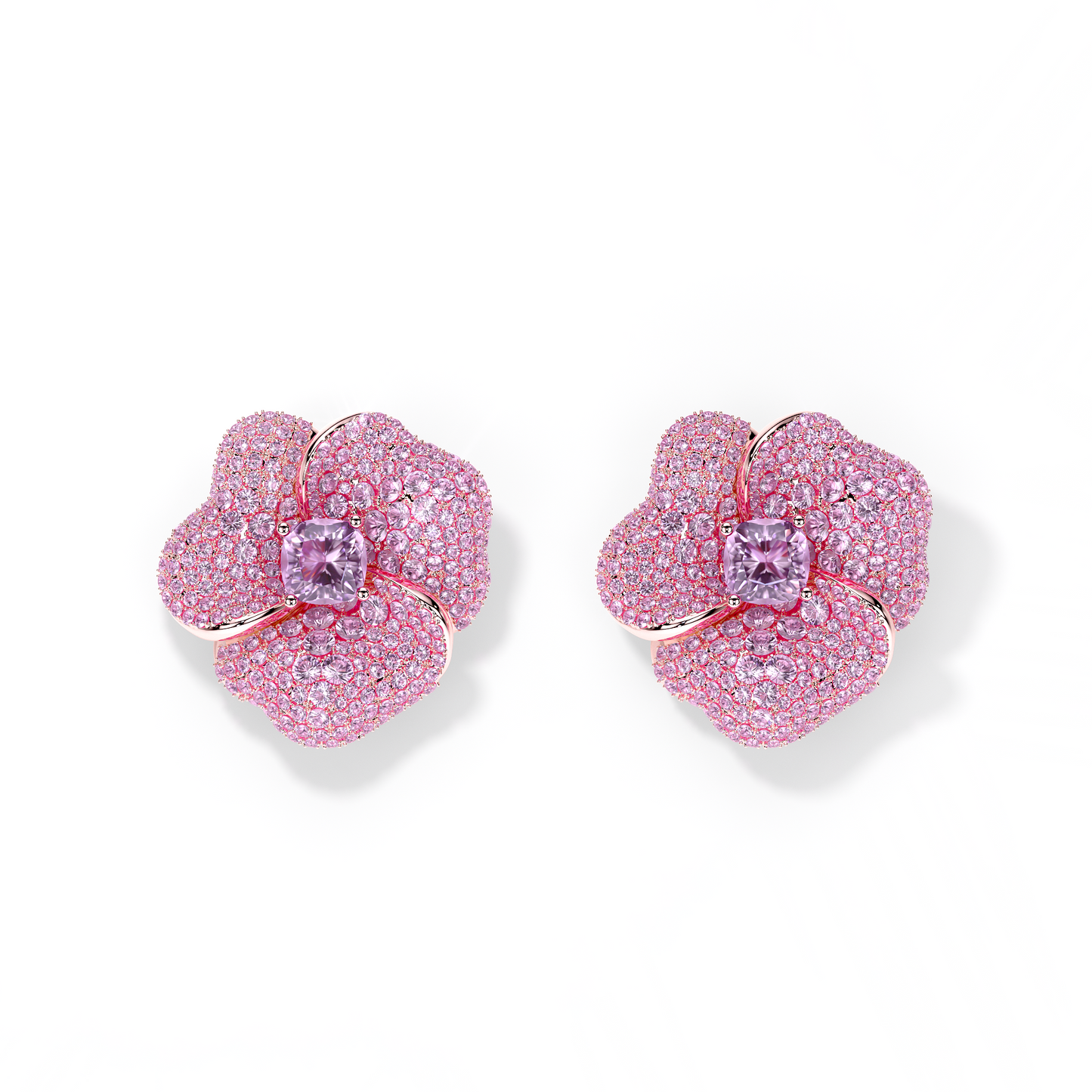 Bloom Large Flower Amethyst & Amethyst Cushion Center In Pink Gold earrings
